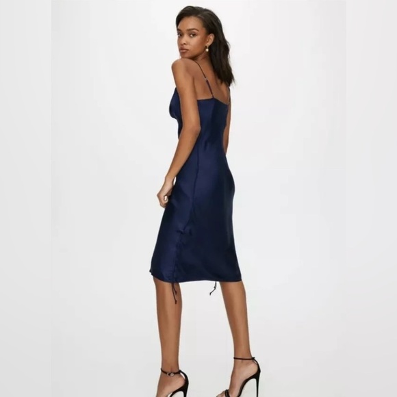 Wilfred Only Aritzia Ruched Navy Blue Slip Satin Dress Sz. SMALL - Picture 3 of 13